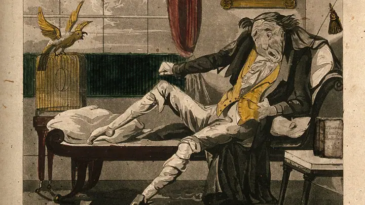 Stara karikatura iz 1828.: muškarac na ležaljci iskrivljena lica drži se za nogu zgrčenu od grča
